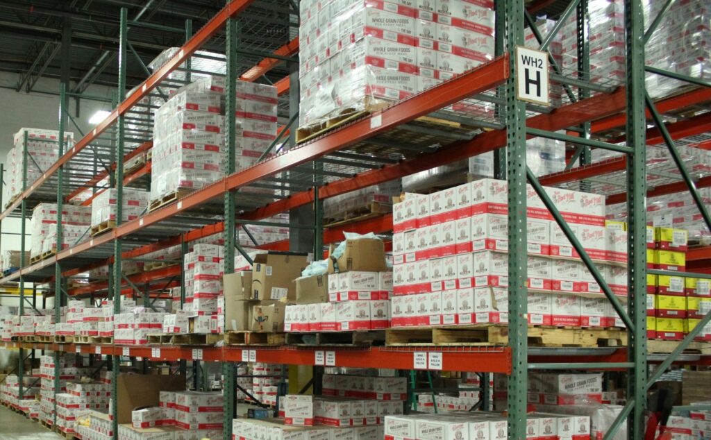 Numerous boxes of food stored in a warehouse
