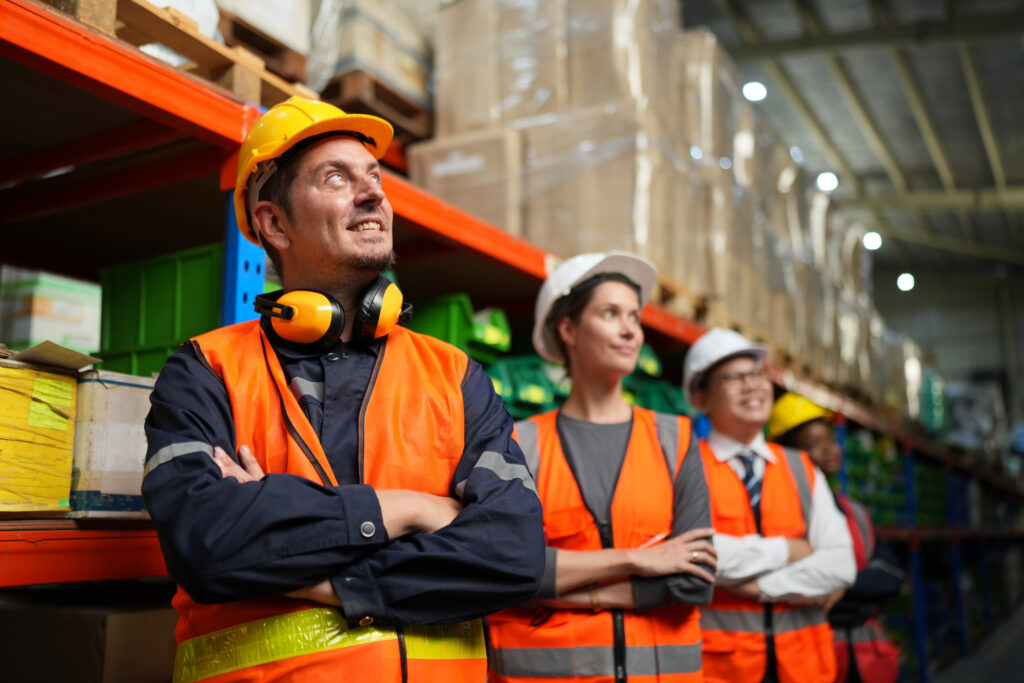 A man in a yellow safety vest works in a warehouse while his colleague uses a laptop